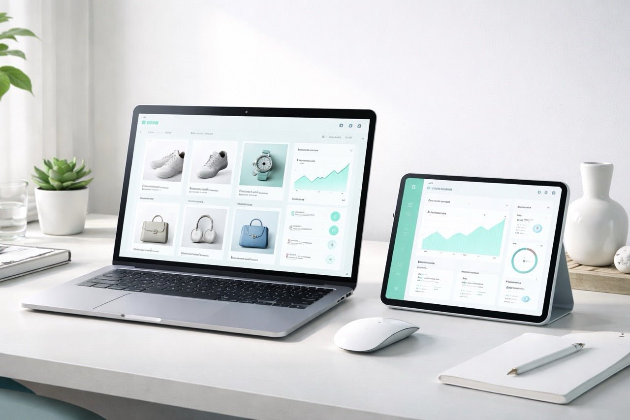 Laptop und iPad zeigen moderne E-Commerce Webseite